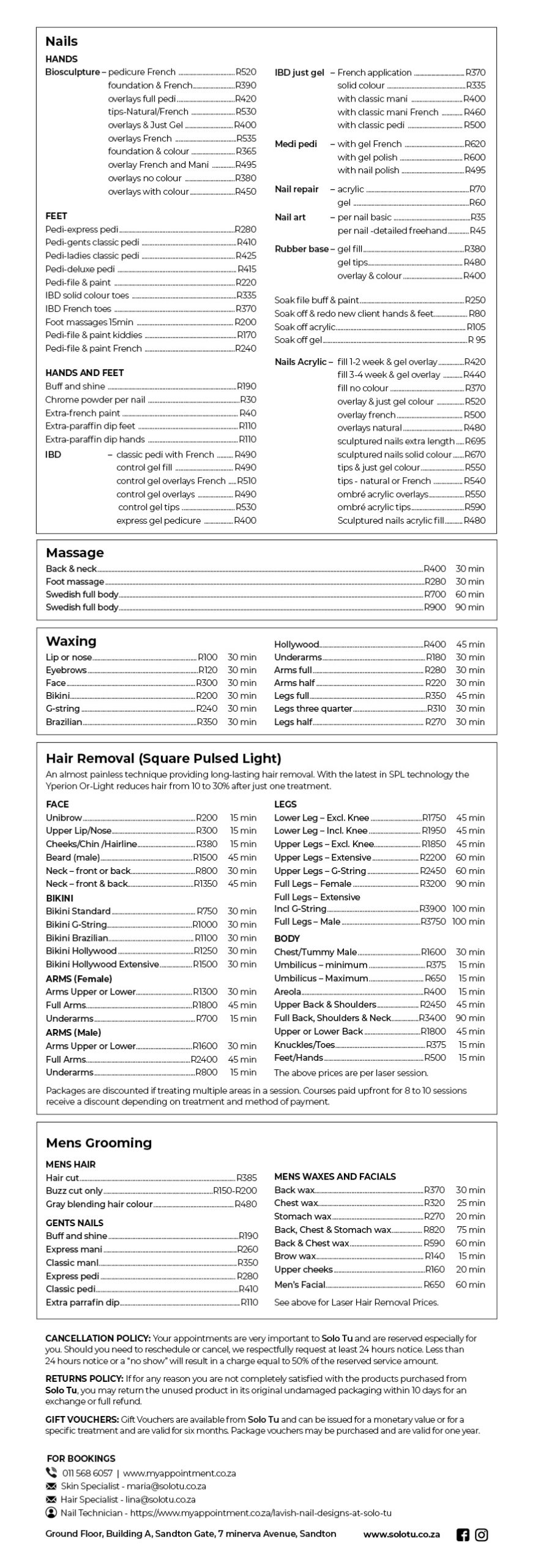 treatment menu